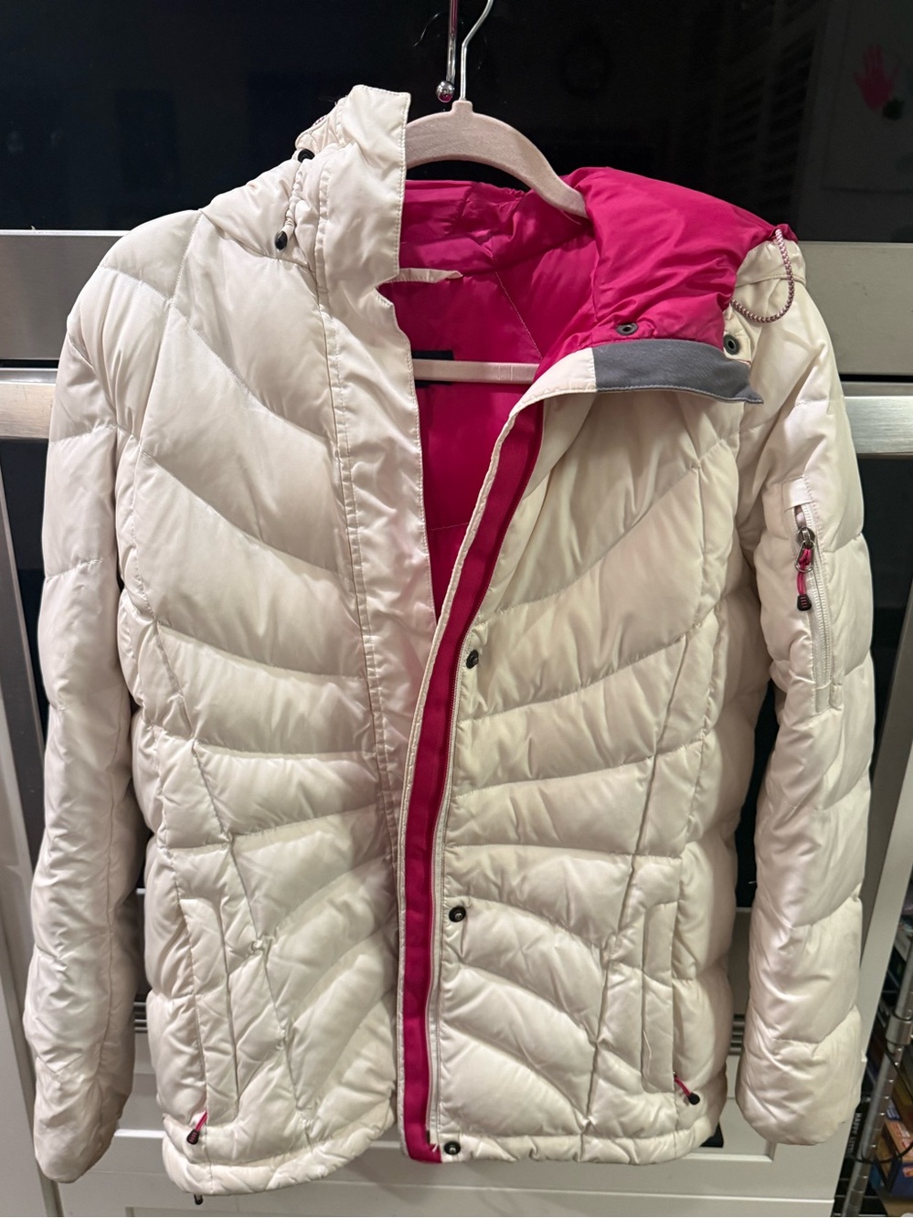 Lands’ End Women’s Ivory Pink Hooded Puffer Jacket Size M 10-12